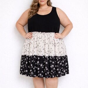 Plus size black white floral color block sleeveless mini dress size 4XL